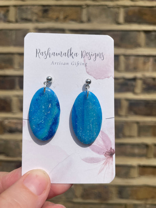 Ocean Blue Marble-Inspired Large Oval Earrings